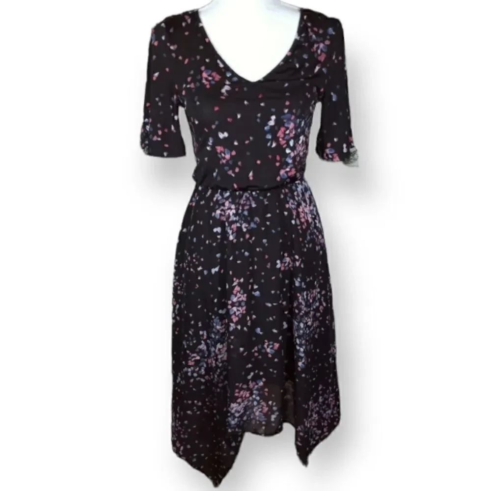 ELLE ASYMMETRICAL BLACK & PURPLE V-NECK DRESS SZ.XS EUC